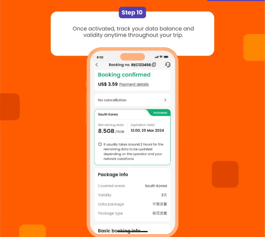 Check the eSIM status in your bookings in Klook APP (Reach out to us on the top right of the booking if you have any issues!)