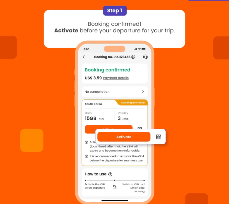 Klook App: Account > Bookings > Click activate (You can also find the eSIM QR code in the voucher, Settings > Cellular > SIMs > Tap Add eSIM > scan QR code )